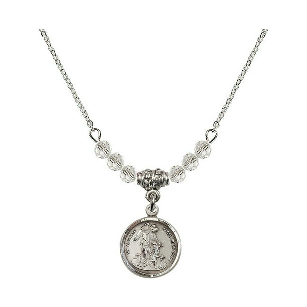 18-Inch Rhodium Plated Necklace with 4mm Emerald Birthstone Beads and Sterling Silver Guardian Angel Heart Charm. 